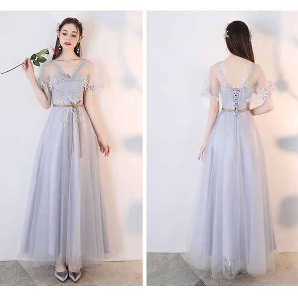 Chic / Beautiful Grey See-through Bridesmaid Dresses 2019 A-Line / Princess Appliques Lace Sash Ankle Length Ruffle Backless Wedding Party Dresses
