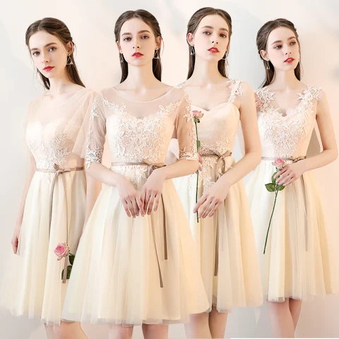 Chic / Belle Champagne Transparentes Robe Demoiselle D'honneur 2019 Princesse Ceinture Appliques En Dentelle Mi-Longues Volants Dos Nu Robe Pour Mariage