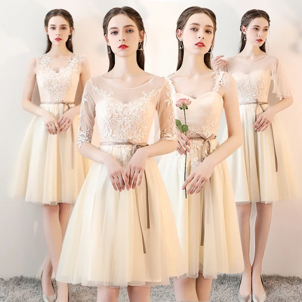 Chic / Beautiful Champagne See-through Bridesmaid Dresses 2019 A-Line / Princess Sash Appliques Lace Knee-Length Ruffle Backless Wedding Party Dresses