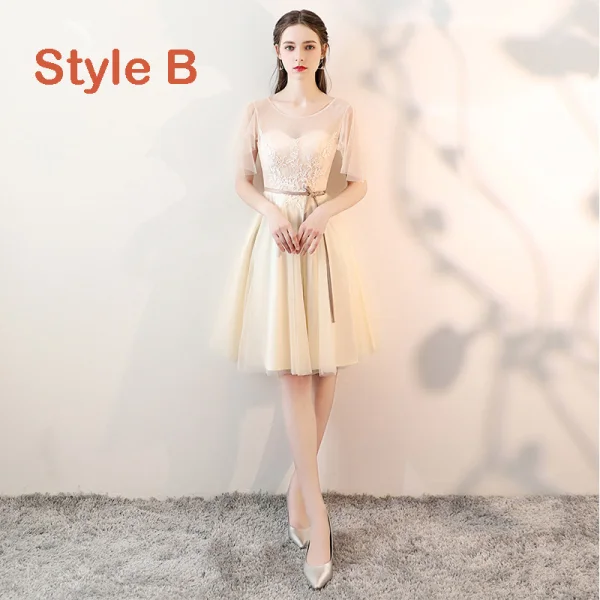 Chic / Beautiful Champagne See-through Bridesmaid Dresses 2019 A-Line / Princess Sash Appliques Lace Knee-Length Ruffle Backless Wedding Party Dresses