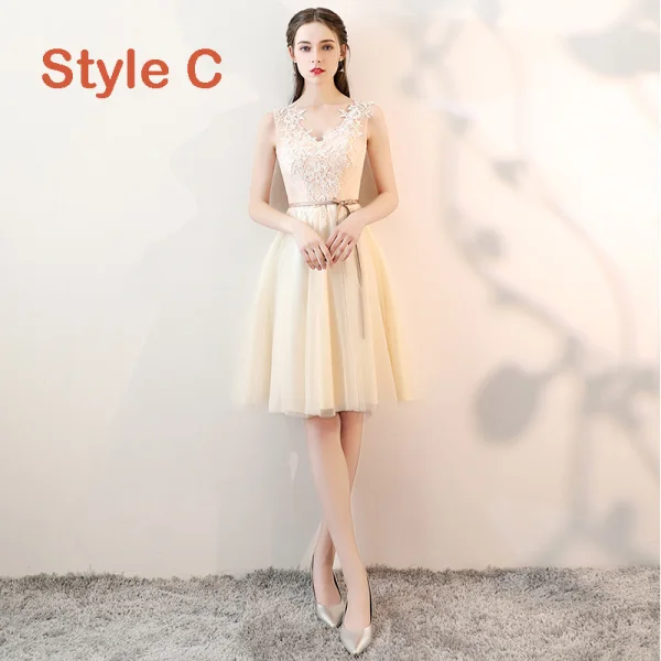 Chic / Beautiful Champagne See-through Bridesmaid Dresses 2019 A-Line / Princess Sash Appliques Lace Knee-Length Ruffle Backless Wedding Party Dresses