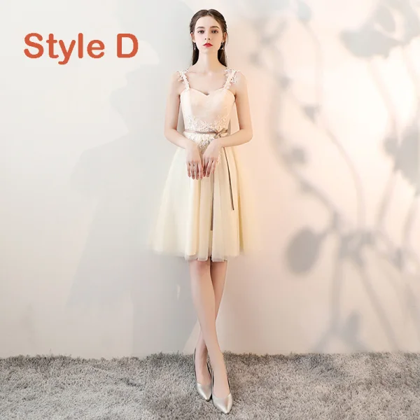 Chic / Beautiful Champagne See-through Bridesmaid Dresses 2019 A-Line / Princess Sash Appliques Lace Knee-Length Ruffle Backless Wedding Party Dresses