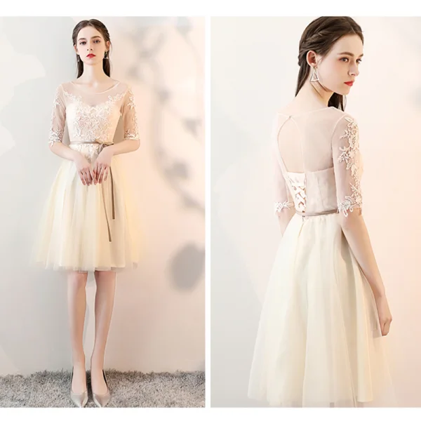 Chic / Beautiful Champagne See-through Bridesmaid Dresses 2019 A-Line / Princess Sash Appliques Lace Knee-Length Ruffle Backless Wedding Party Dresses