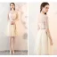 Chic / Beautiful Champagne See-through Bridesmaid Dresses 2019 A-Line / Princess Sash Appliques Lace Knee-Length Ruffle Backless Wedding Party Dresses