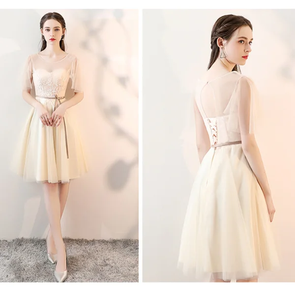 Chic / Beautiful Champagne See-through Bridesmaid Dresses 2019 A-Line / Princess Sash Appliques Lace Knee-Length Ruffle Backless Wedding Party Dresses