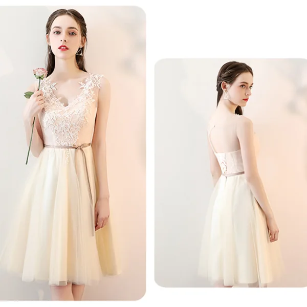 Chic / Beautiful Champagne See-through Bridesmaid Dresses 2019 A-Line / Princess Sash Appliques Lace Knee-Length Ruffle Backless Wedding Party Dresses
