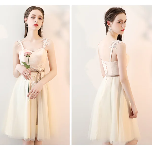 Chic / Beautiful Champagne See-through Bridesmaid Dresses 2019 A-Line / Princess Sash Appliques Lace Knee-Length Ruffle Backless Wedding Party Dresses