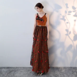 Moderne Mode Orange Robe De Soirée 2018 Princesse Bretelles Spaghetti Sans Manches Appliques Fleur Métal Ceinture Longue Volants Dos Nu Robe De Ceremonie