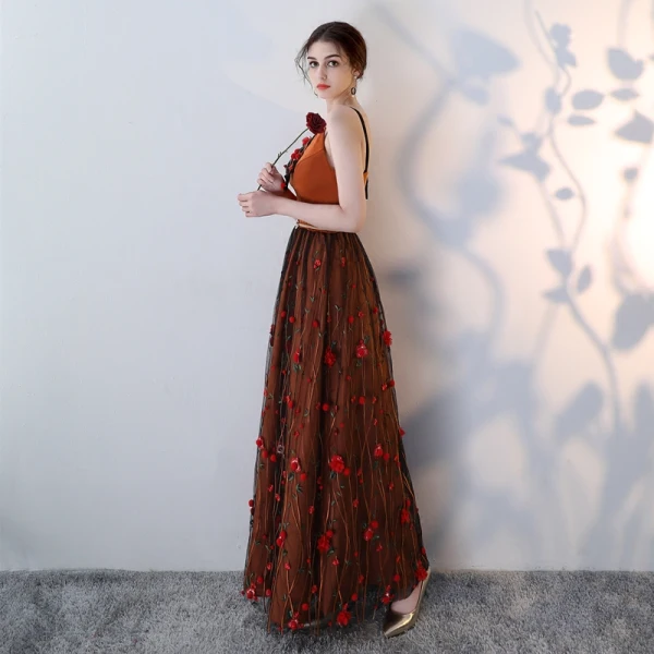 Modern / Fashion Orange Evening Dresses 2018 A-Line / Princess Spaghetti Straps Sleeveless Appliques Flower Metal Sash Floor-Length / Long Ruffle Backless Formal Dresses