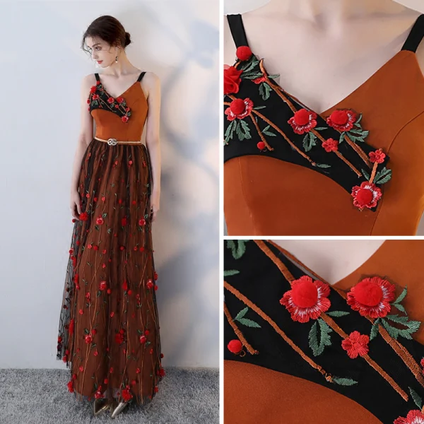 Modern / Fashion Orange Evening Dresses 2018 A-Line / Princess Spaghetti Straps Sleeveless Appliques Flower Metal Sash Floor-Length / Long Ruffle Backless Formal Dresses