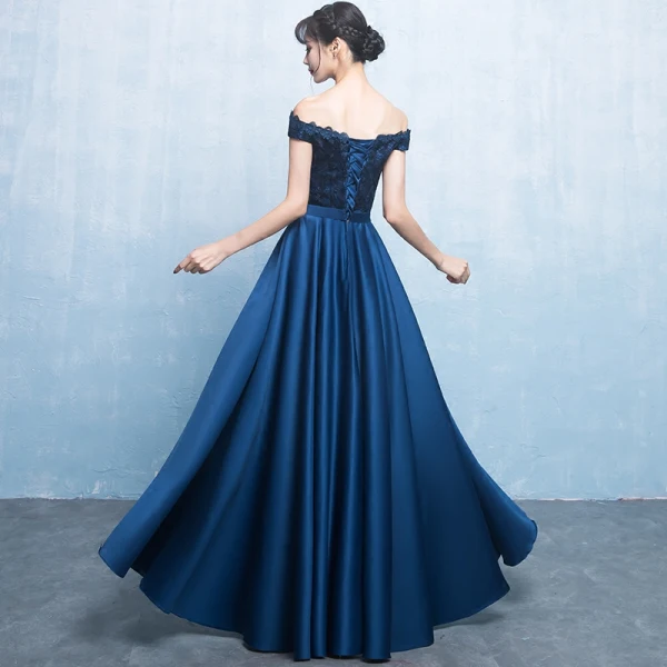 Elegant Navy Blue Satin Bridesmaid Dresses 2019 A-Line / Princess Off-The-Shoulder Short Sleeve Bow Sash Floor-Length / Long Ruffle Backless Wedding Party Dresses
