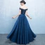 Elegant Navy Blue Satin Bridesmaid Dresses 2019 A-Line / Princess Off-The-Shoulder Short Sleeve Bow Sash Floor-Length / Long Ruffle Backless Wedding Party Dresses