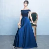 Elegant Navy Blue Satin Bridesmaid Dresses 2019 A-Line / Princess Off-The-Shoulder Short Sleeve Bow Sash Floor-Length / Long Ruffle Backless Wedding Party Dresses
