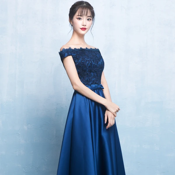 Elegant Navy Blue Satin Bridesmaid Dresses 2019 A-Line / Princess Off-The-Shoulder Short Sleeve Bow Sash Floor-Length / Long Ruffle Backless Wedding Party Dresses