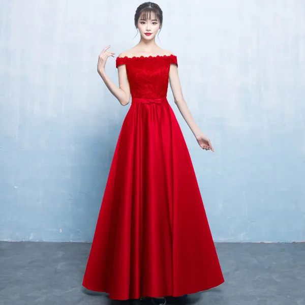 Elegant Navy Blue Satin Bridesmaid Dresses 2019 A-Line / Princess Off-The-Shoulder Short Sleeve Bow Sash Floor-Length / Long Ruffle Backless Wedding Party Dresses