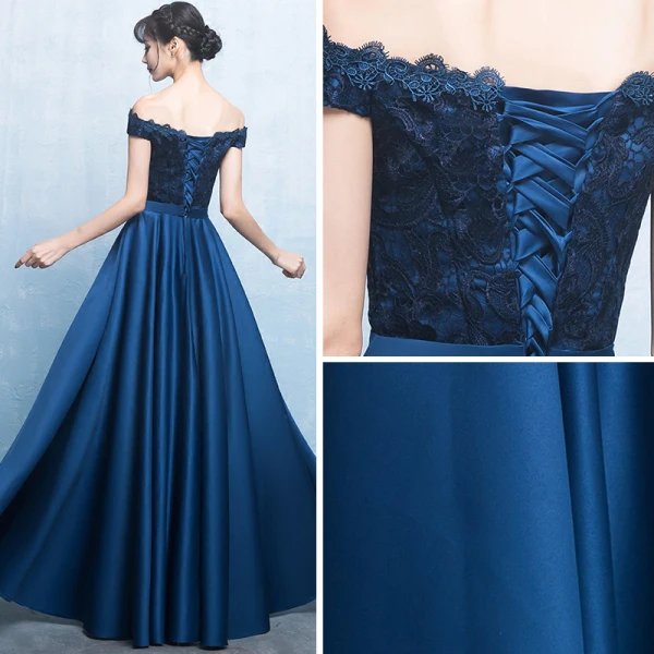 Elegant Navy Blue Satin Bridesmaid Dresses 2019 A-Line / Princess Off-The-Shoulder Short Sleeve Bow Sash Floor-Length / Long Ruffle Backless Wedding Party Dresses