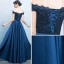 Elegant Navy Blue Satin Bridesmaid Dresses 2019 A-Line / Princess Off-The-Shoulder Short Sleeve Bow Sash Floor-Length / Long Ruffle Backless Wedding Party Dresses