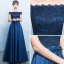 Elegant Navy Blue Satin Bridesmaid Dresses 2019 A-Line / Princess Off-The-Shoulder Short Sleeve Bow Sash Floor-Length / Long Ruffle Backless Wedding Party Dresses