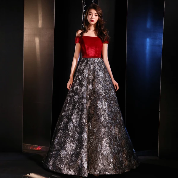 Modern / Fashion Red Evening Dresses  2019 A-Line / Princess Off-The-Shoulder Short Sleeve Embroidered Flower Sweep Train Ruffle Backless Formal Dresses