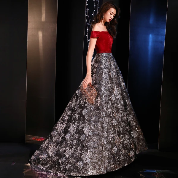 Modern / Fashion Red Evening Dresses  2019 A-Line / Princess Off-The-Shoulder Short Sleeve Embroidered Flower Sweep Train Ruffle Backless Formal Dresses