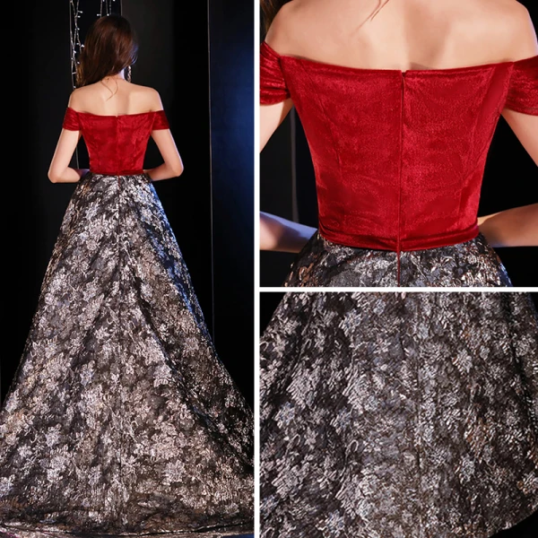 Modern / Fashion Red Evening Dresses  2019 A-Line / Princess Off-The-Shoulder Short Sleeve Embroidered Flower Sweep Train Ruffle Backless Formal Dresses