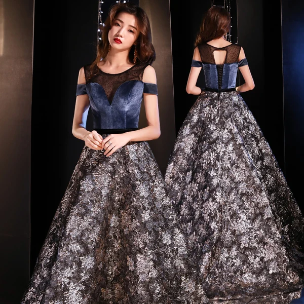 Modern / Fashion Navy Blue See-through Evening Dresses 2019 A-Line / Princess Scoop Neck Short Sleeve Embroidered Flower Sweep Train Ruffle Backless Formal Dresses