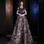 Modern / Fashion Navy Blue See-through Evening Dresses  2019 A-Line / Princess Scoop Neck Short Sleeve Embroidered Flower Sweep Train Ruffle Backless Formal Dresses