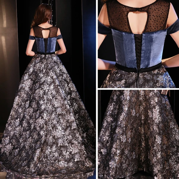 Modern / Fashion Navy Blue See-through Evening Dresses 2019 A-Line / Princess Scoop Neck Short Sleeve Embroidered Flower Sweep Train Ruffle Backless Formal Dresses