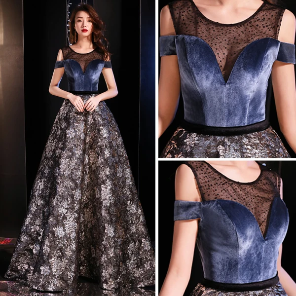 Modern / Fashion Navy Blue See-through Evening Dresses 2019 A-Line / Princess Scoop Neck Short Sleeve Embroidered Flower Sweep Train Ruffle Backless Formal Dresses