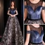 Modern / Fashion Navy Blue See-through Evening Dresses  2019 A-Line / Princess Scoop Neck Short Sleeve Embroidered Flower Sweep Train Ruffle Backless Formal Dresses