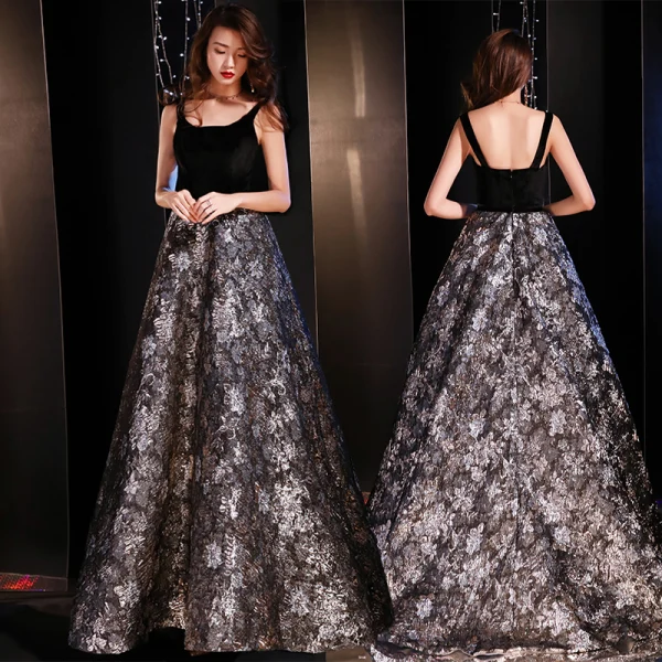 Moderne / Mode Noire Robe De Soirée 2019 Princesse épaules Sans Manches Brodé Fleur Train De Balayage Volants Dos Nu Robe De Ceremonie