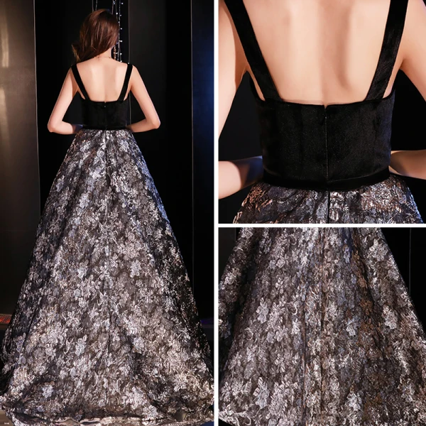 Moderne / Mode Noire Robe De Soirée 2019 Princesse épaules Sans Manches Brodé Fleur Train De Balayage Volants Dos Nu Robe De Ceremonie