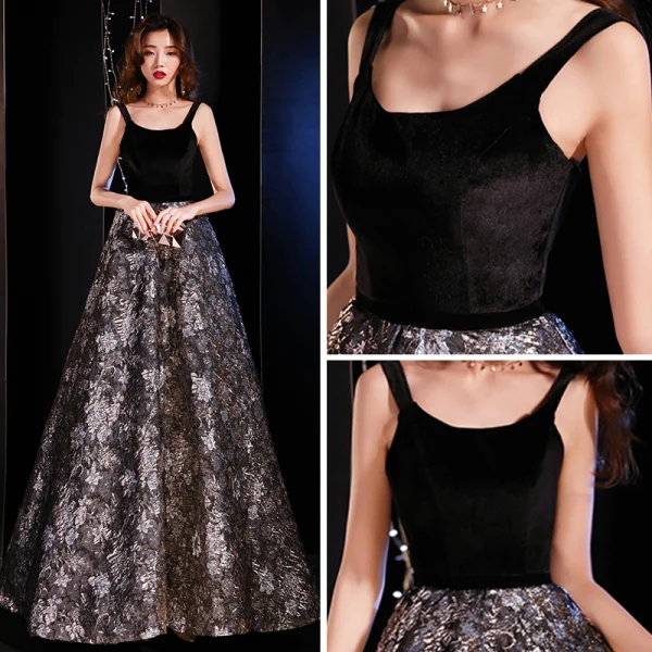 Moderne / Mode Noire Robe De Soirée 2019 Princesse épaules Sans Manches Brodé Fleur Train De Balayage Volants Dos Nu Robe De Ceremonie