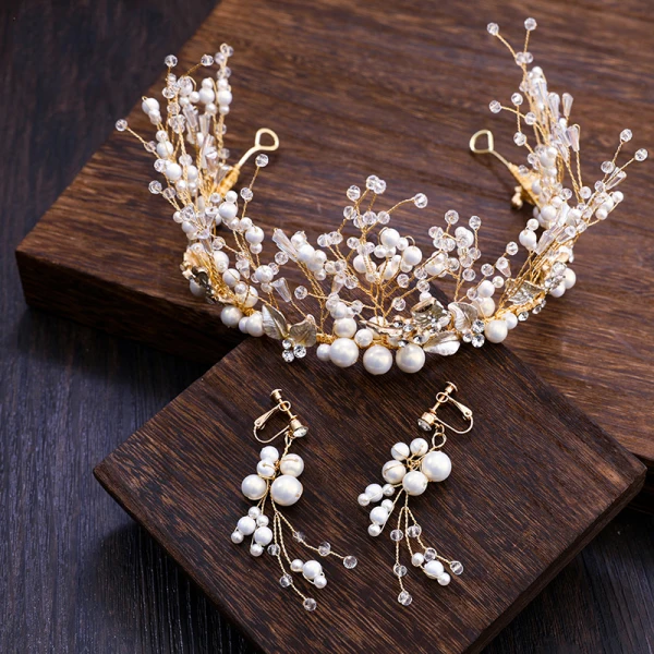 Mooie / Prachtige Goud Tiara Oorbellen 2019 Metaal Kristal Parel Rhinestone Accessoires