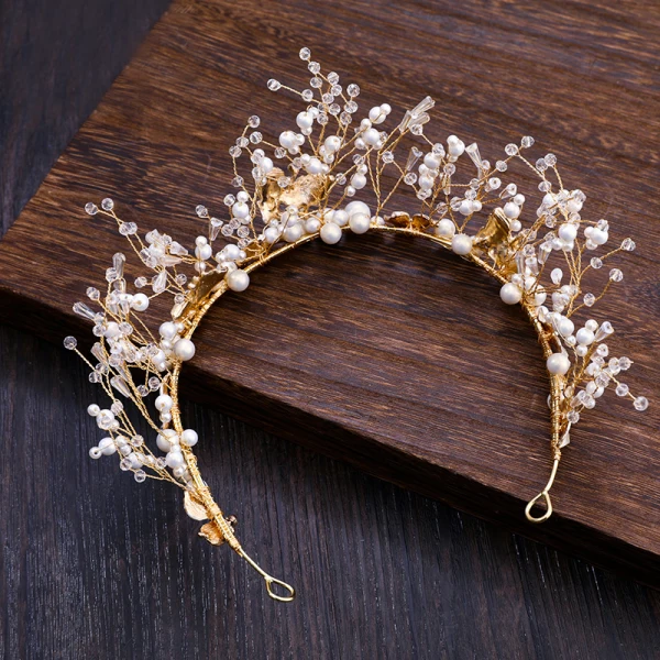 Mooie / Prachtige Goud Tiara Oorbellen 2019 Metaal Kristal Parel Rhinestone Accessoires