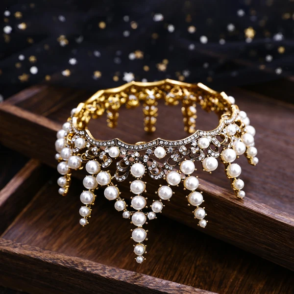 Czarujący Złote Tiara 2019 Metal Perła Rhinestone Ślub Ozdoby Do Włosów Biżuteria Ślubna Akcesoria