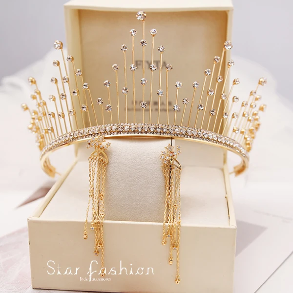 Mooie / Prachtige Goud Tiara Oorbellen Bruidssieraden 2019 Metaal Rhinestone Bruids Haaraccessoires