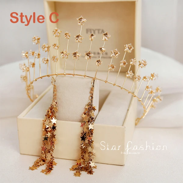 Chic / Beautiful Gold Tiara Earrings Bridal Jewelry 2019 Metal Star Crystal Bridal Hair Accessories