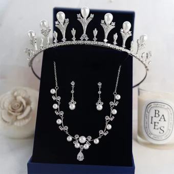 Luxe Argenté Tiare Un Collier Boucles D 039 Oreilles Bijoux Mariage 2019 Métal Perle Faux Diamant Accessoire Cheveux Mariage