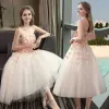 Affordable Champagne Wedding Dresses 2018 A-Line / Princess Sweetheart Sleeveless Backless Appliques Flower Sequins Ruffle Tea-length