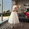 Affordable Champagne Wedding Dresses 2018 A-Line / Princess Sweetheart Sleeveless Backless Appliques Flower Sequins Ruffle Tea-length