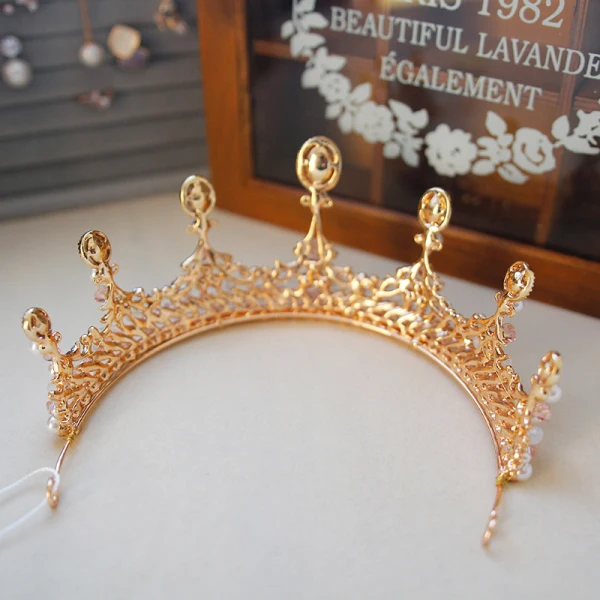 Vintage / Originale Doré Tiare 2019 Métal Perle Cristal Faux Diamant Accessoire Cheveux Mariage