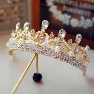 Snygga Fina Guld Tiara 2019 Metall Pärla Rhinestone Brud Huvudbonad