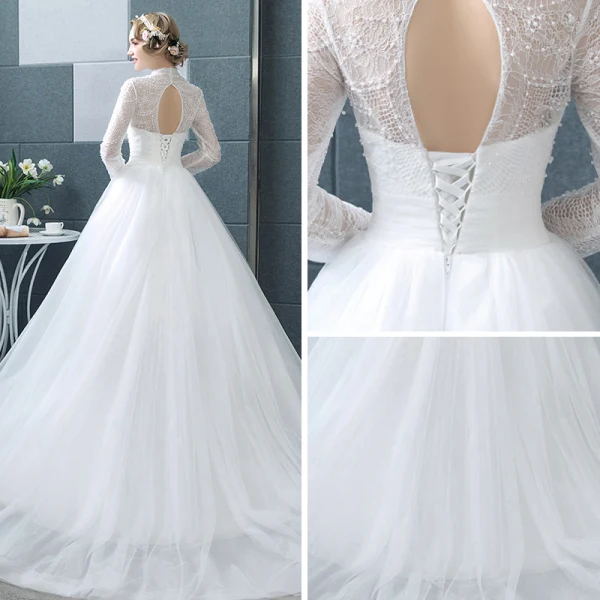 Abordable Blanche Transparentes Robe De Mariée 2018 Robe Boule Col Haut Manches Longues Dos Nu Perle Volants Chapel Train