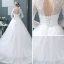 Abordable Blanche Transparentes Robe De Mariée 2018 Robe Boule Col Haut Manches Longues Dos Nu Perle Volants Chapel Train