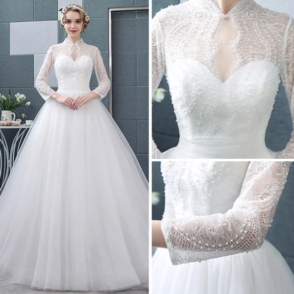 Abordable Blanche Transparentes Robe De Mariée 2018 Robe Boule Col Haut Manches Longues Dos Nu Perle Volants Chapel Train
