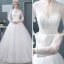 Abordable Blanche Transparentes Robe De Mariée 2018 Robe Boule Col Haut Manches Longues Dos Nu Perle Volants Chapel Train