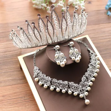 Luxury Gorgeous Silver Tiara Necklace Earrings Accessories 2019 Metal Rhinestone Beading Crystal Pearl Bridal Jewelry