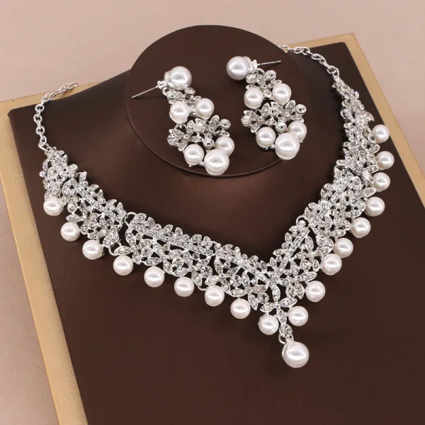Luxe Argenté Tiare Un Collier Boucles D'Oreilles Accessorize 2019 Métal Faux Diamant Perlage Cristal Perle Bijoux Mariage