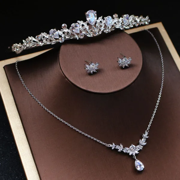 Modest / Simple Silver Bridal Jewelry 2019 Metal Tiara Earrings Headpieces Rhinestone Accessories